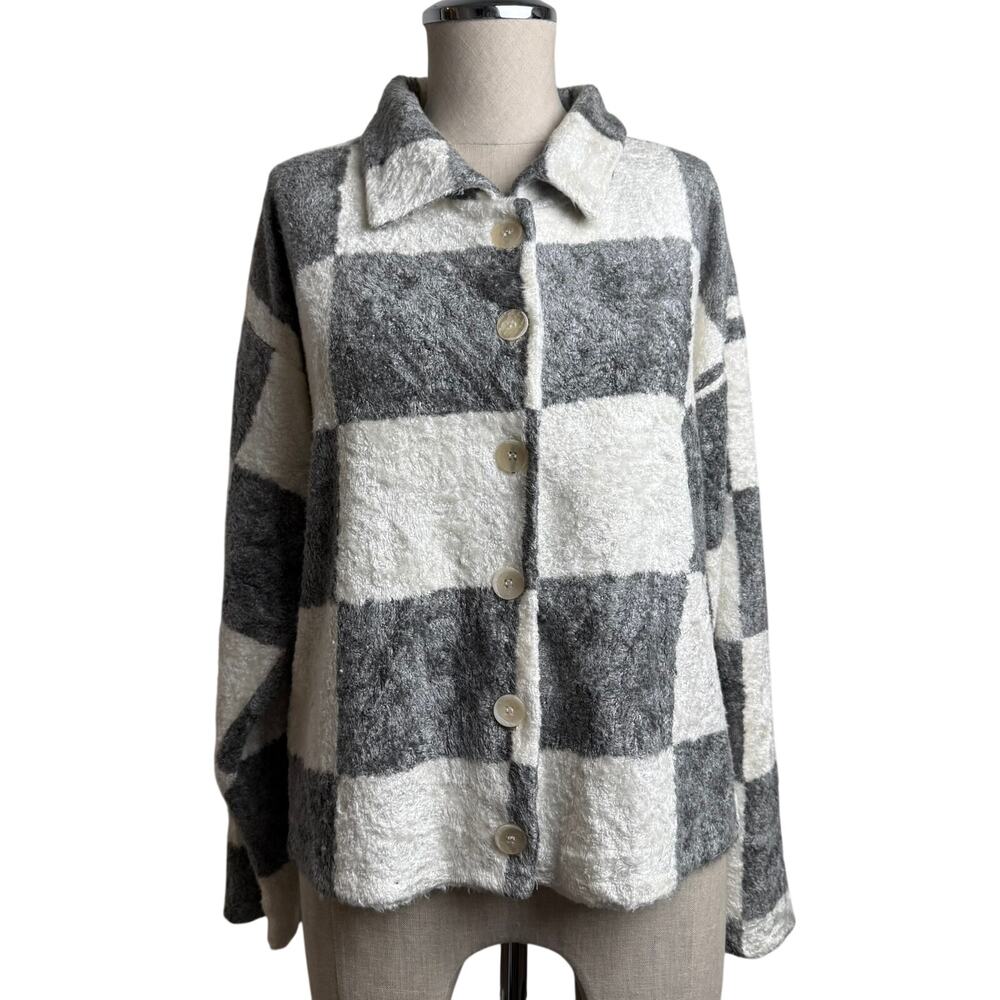 American Vintage The White House Fuzzy Check Button Jacket Gray White USA Made M